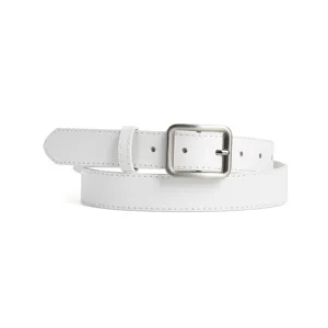 Women's white leather belt casual dress jeans belt featuring classic silver pin buckle
