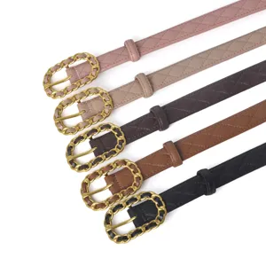 Damen Ledergürtel schmal Taillengürtel mit Steppdesign und Gold Kettenschnalle Hauptbild