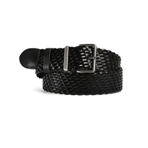 Black woven leather belt for women featuring a stylish metal buckle shown in a coiled main view.