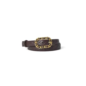 Dunkelbrauner Ledergürtel mit gestepptem Muster und eleganter goldener Kettenschnalle.
