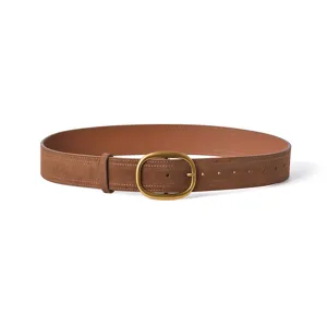 Brown suede leather women's belt with gold-tone oval buckle, versatile waist accessory.