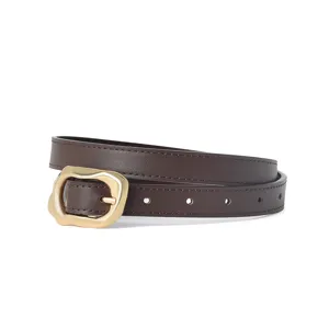 Women genuine leather thin belt retro fashion casual dress jeans belt with gold metal buckle