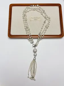 French vintage multi-layer pearl tassel long sweater chain necklace elegant jewelry item