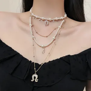 Vintage multi-layer pearl horseshoe pendant necklace chic collarbone chain fashion jewelry