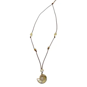 Bohemian ocean style shell pendant necklace with adjustable brown cord for women beach wear.