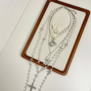 Vintage multi layer pearl tassel necklace long crystal layering gothic sweater chain