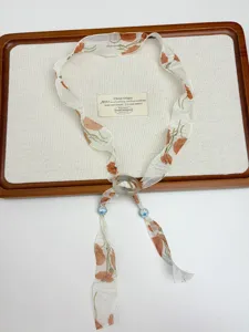 Vintage floral chiffon ribbon scarf necklace with beads for women spring summer chic