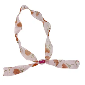 Vintage floral silk scarf necklace with pink beads, sweet retro neck tie accessory for women.