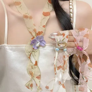 Vintage Floral Print Satin Scarf Necklace Women Beaded Flower Long Necklace Spring Summer Fashion Accessory Handmade Fabric Sweater Chain Jewelry