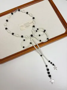 European vintage pearl black bead bow necklace long pendant clavicle chain accessories