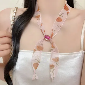 Floral print ribbon necklace with sparkling beaded pendant retro choker accessory for women spring