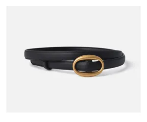 Women genuine leather belt detail, minimalist black cowhide strap with matte gold oval buckle.