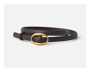 Close-up detail of dark brown genuine leather belt with matte gold oval buckle, fine texture.