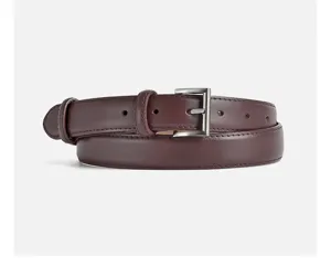 Close-up detail of women's dark brown leather belt with silver buckle and fine stitching.