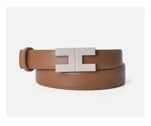 Brown genuine leather belt with metal alloy buckle for women dress decoration detail