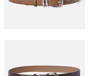 Detailed view of women's leather belt with silver buckle and double loops for casual wear.