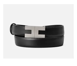 Women's genuine leather belt with elegant alloy letter buckle for stylish dress outfits.