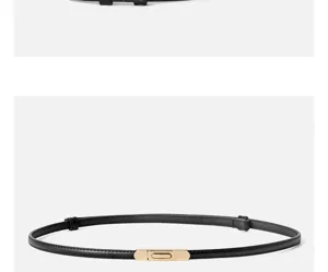 Detailed view of women's thin black leather belt with gold metal buckle, stylish accessory.
