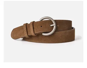 Classic brown suede women belt with matte silver buckle, perfect for jeans and dresses.