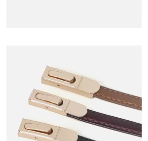 Slim genuine leather belt for women, versatile thin waist accessory for dress and suit outfits.