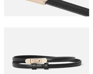 Close-up detail of women thin black leather belt with gold metal buckle elegant design.