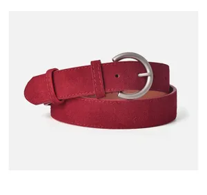 Red suede pin buckle belt for women, versatile retro waist belt for jeans and dresses.