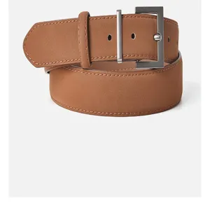 Retro brown genuine leather women belt with silver square buckle for casual jeans wear