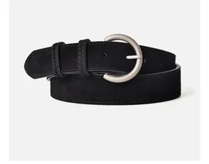 Black suede belt for women with half-circle metal buckle, versatile retro jeans accessory.