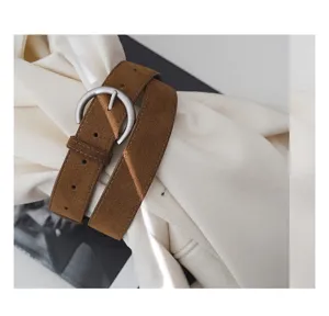 Brown suede belt detail, elegant women's pin buckle belt for dresses and jeans retro.