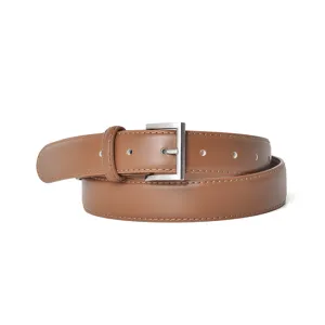 Women brown leather belt casual fashion waist belt with silver metal buckle stylish accessory
