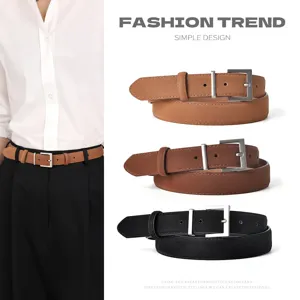 Retro Suede Genuine Cowhide Leather Belt For Women Casual Jeans Metal Pin Buckle Versatile Minimalist Waist Strap