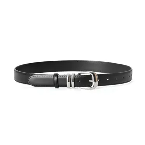 Women black leather belt with silver buckle, versatile stylish casual accessory for daily wear.
