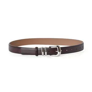 Women's dark brown leather belt with stylish silver buckle, versatile casual jeans waist belt