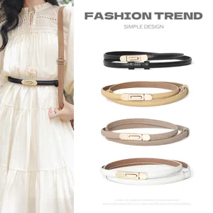 Women Genuine Leather Thin Belt Versatile Dress Suit Waistband Elegant Metal Buckle Minimalist Ladies Casual Belt
