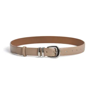 Women casual leather belt with stylish silver metal buckle and dual loops for jeans skirts.