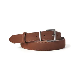 Retro brown frosted leather women belt with silver buckle for casual jeans and daily wear.