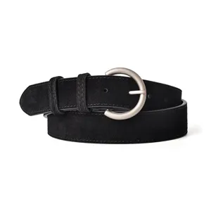 Black suede women belt with silver round pin buckle, stylish vintage leather belt for jeans.