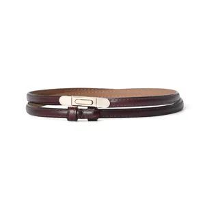 Women thin leather belt burgundy dress waist belt with gold metal buckle elegant accessory