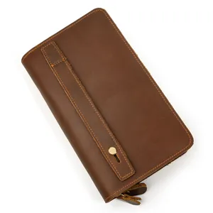 Detail close-up of vintage crazy horse leather long wallet clutch for daily business use bag.