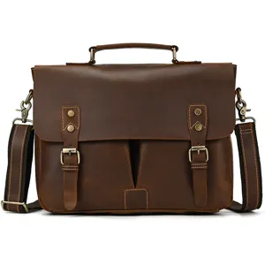 Vintage Genuine Leather Mens Briefcase Business Laptop Bag Top Layer Cowhide Shoulder Messenger Bag With Metal Buckles