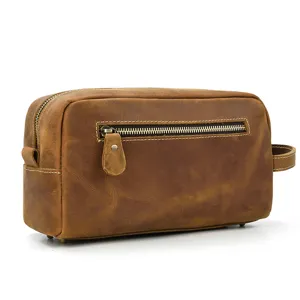 Genuine leather travel toiletry bag, vintage brown cosmetic organizer for men and women daily use.