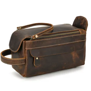 Vintage crazy horse leather toiletry bag for men and women, travel wash bag and cosmetic clutch.