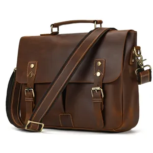 Detailed view of vintage genuine leather men briefcase, showcasing fine stitching and hardware.