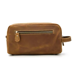 Leather toiletry bag for men vintage large capacity cosmetic organizer travel clutch details