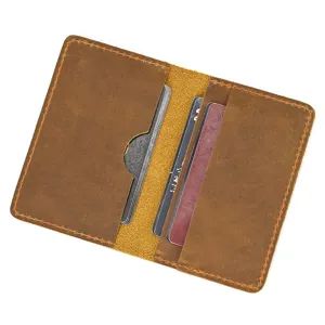 Vintage crazy horse leather card holder ultra-thin two-fold wallet for credit cards and IDs.