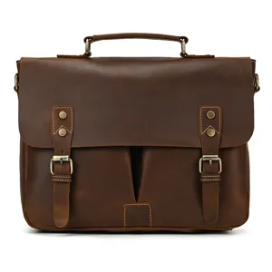 Vintage leather briefcase for men, stylish brown messenger bag and business computer bag.