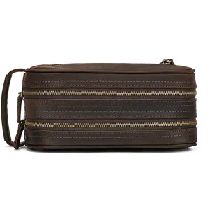 Detailed view of the genuine leather vintage crazy horse toiletry bag with double zippers.