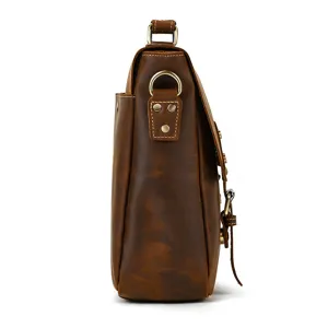 Vintage men's leather briefcase side view, premium crazy horse leather shoulder bag.