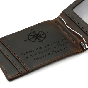Echtes Leder Geldklammer Portemonnaie mit laser graviertem Kompass Spruch Design Vintage.