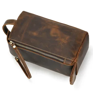 Vintage Genuine Leather Toiletry Bag Crazy Horse Men Women Travel Cosmetic Pouch